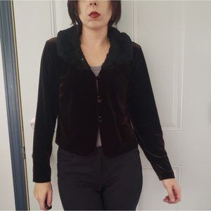 90s/Y2K Brown Velvet Cardigan with Faux Fur‎ Collar